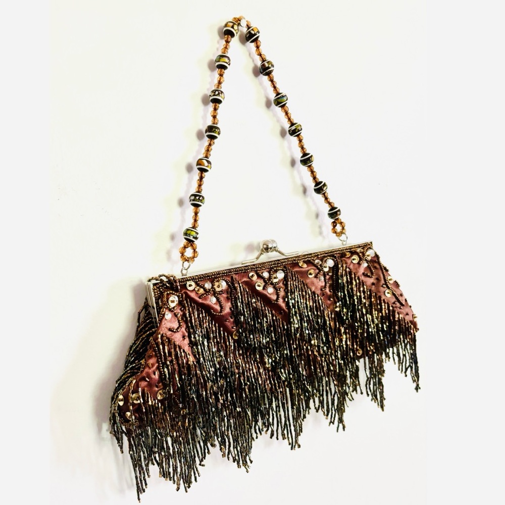 Formal vintage evening bag brown satin, sparkling sequins, beads- specia… - Picture 4 of 9